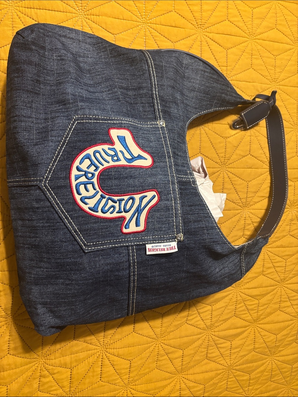 True Religion Denim Shoulder Tote with Red & Blue Embroidered Logo